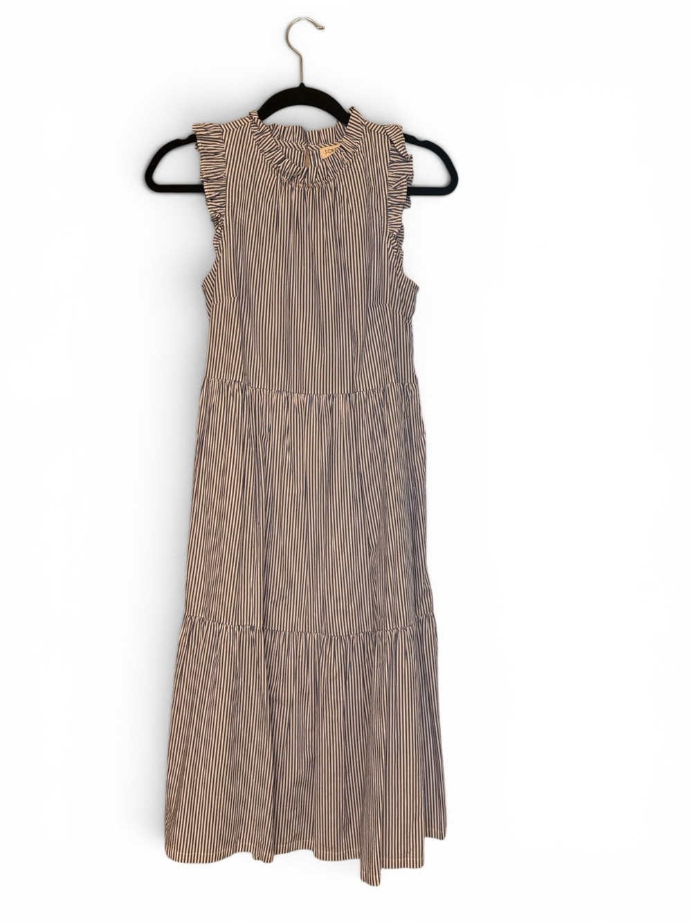 J. Crew Sleeveless Striped Ruffle-Trim Maxi Dress - Pin Striped Blue and White